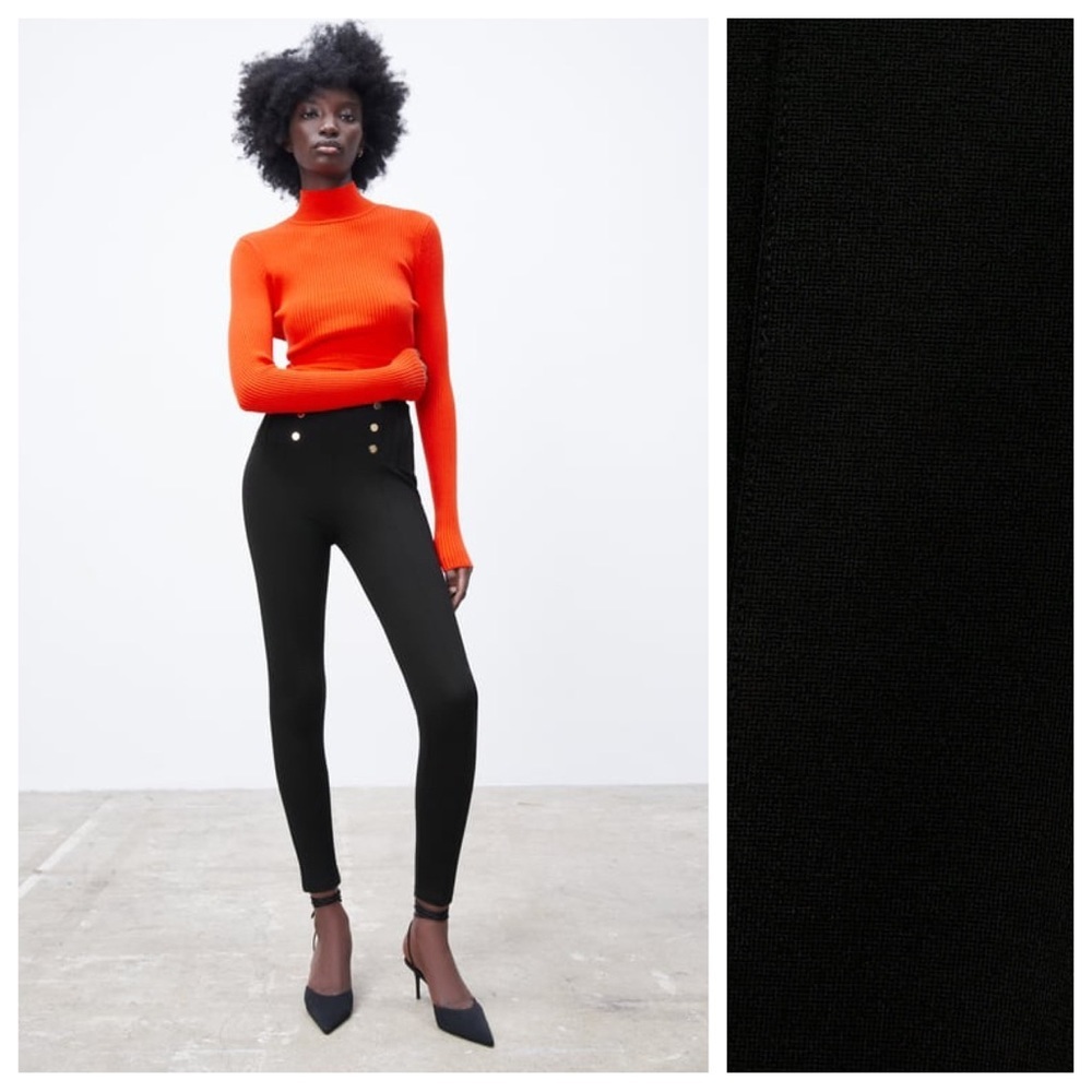NWOT. Zara Black Elastic High Waisted Leggings with Golden Buttons. Size M.